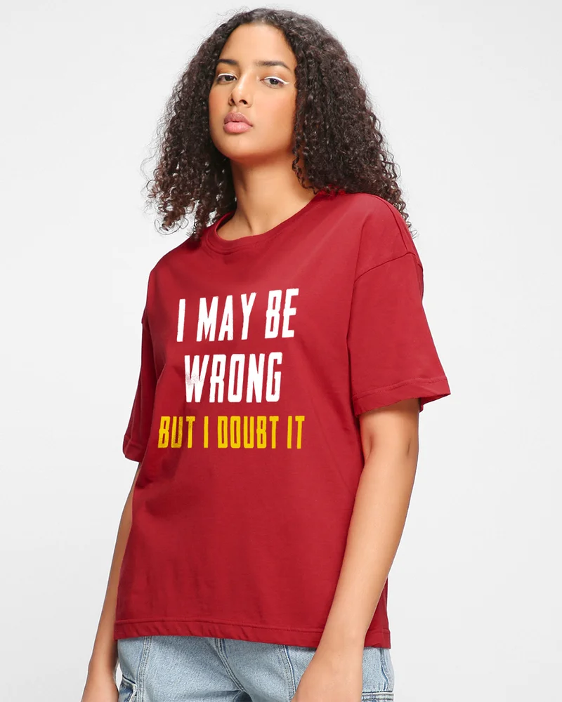 بيواكوف Women's Bold Red Wrong Doubt Typography Oversized T-shirt